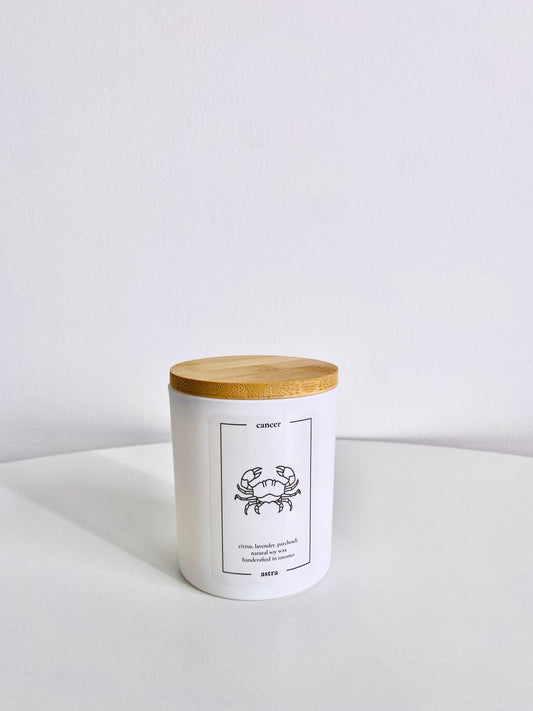 A Cancer candle, depicting a crab, scented citrus, lavender and patchouli