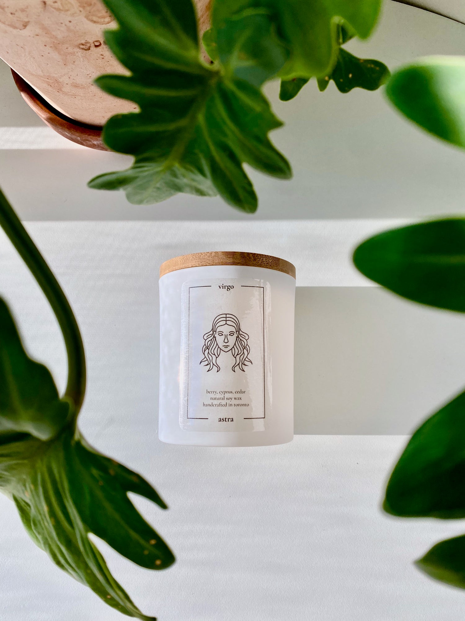 A Virgo candle; photo is bordered by green plant leaves